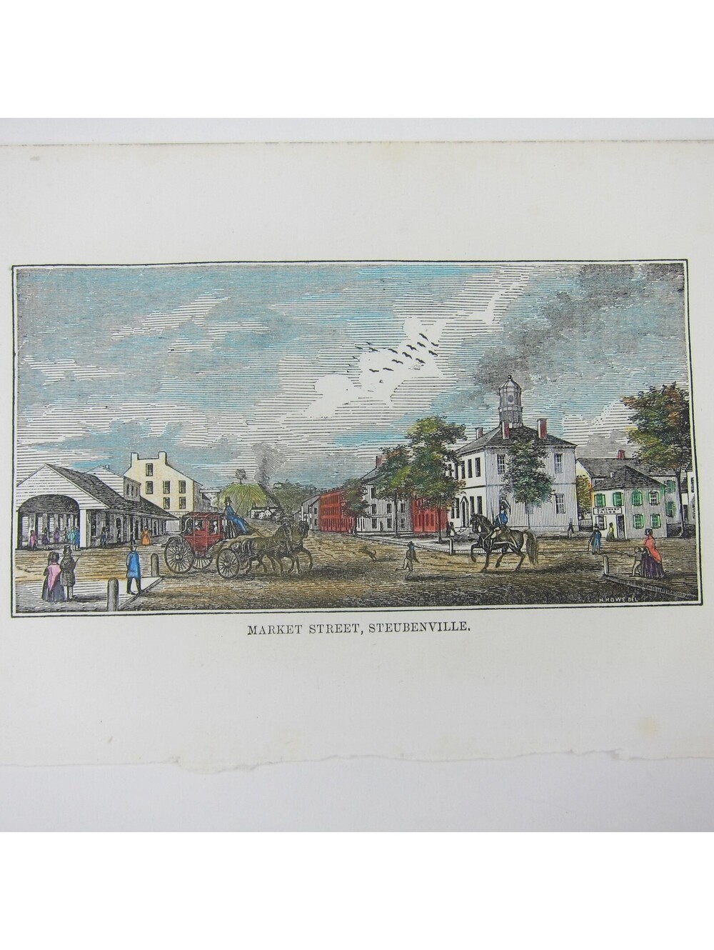 Engraving Print Steubenville Ohio Market Street Scene Hand Colored Antique 1847